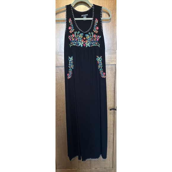 Chelsea & Theodore Dress Womens PM Black Bright Embroidery Maxi Boho Hippy 70s - Picture 1 of 5